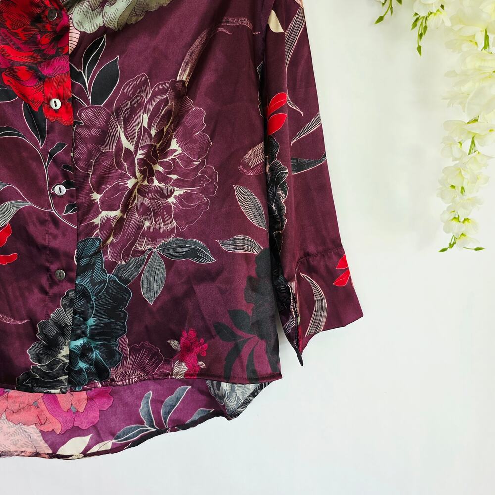 Joyspun Satin Sleep Top Medium Burgundy Floral Button Front Romantic Cottagecore - Picture 10 of 15